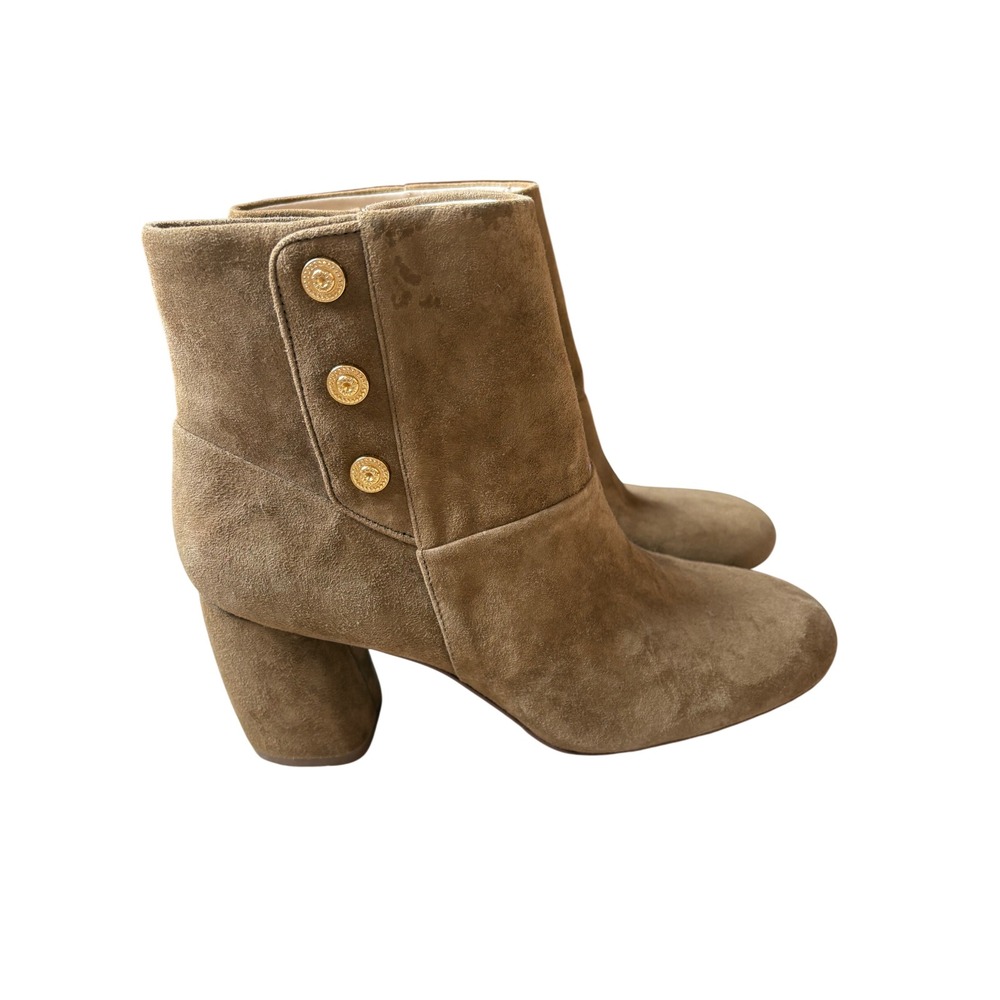 Nine West Tan Suede Ankle Boots Gold Crest‎ Button Block Heel Side Zip Size 7.5